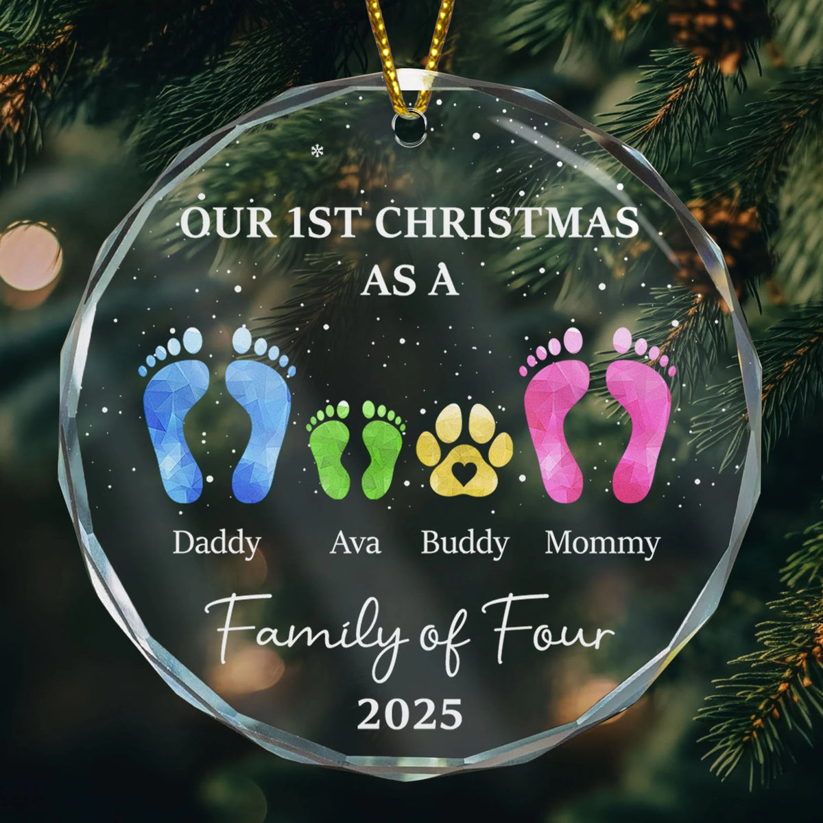 First Christmas As A Family Of Four Footprints - Personalized Glass Ornament