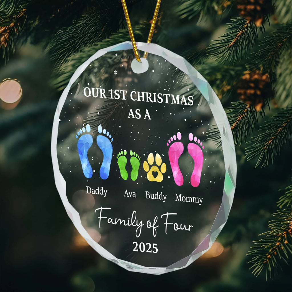 First Christmas As A Family Of Four Footprints - Personalized Glass Ornament