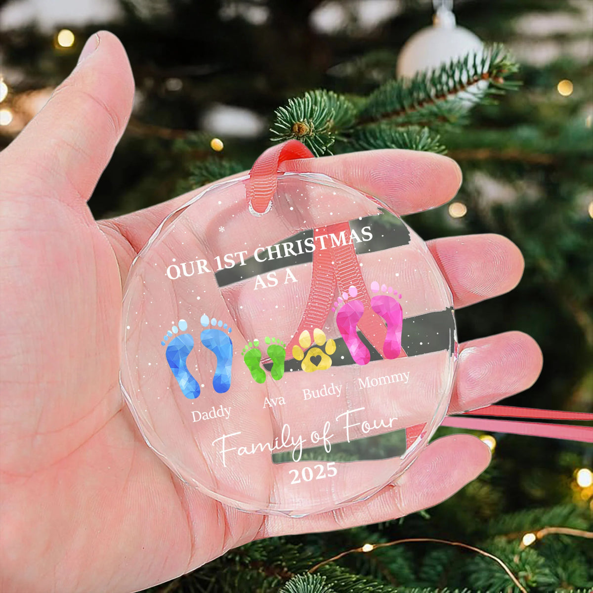First Christmas As A Family Of Four Footprints - Personalized Glass Ornament