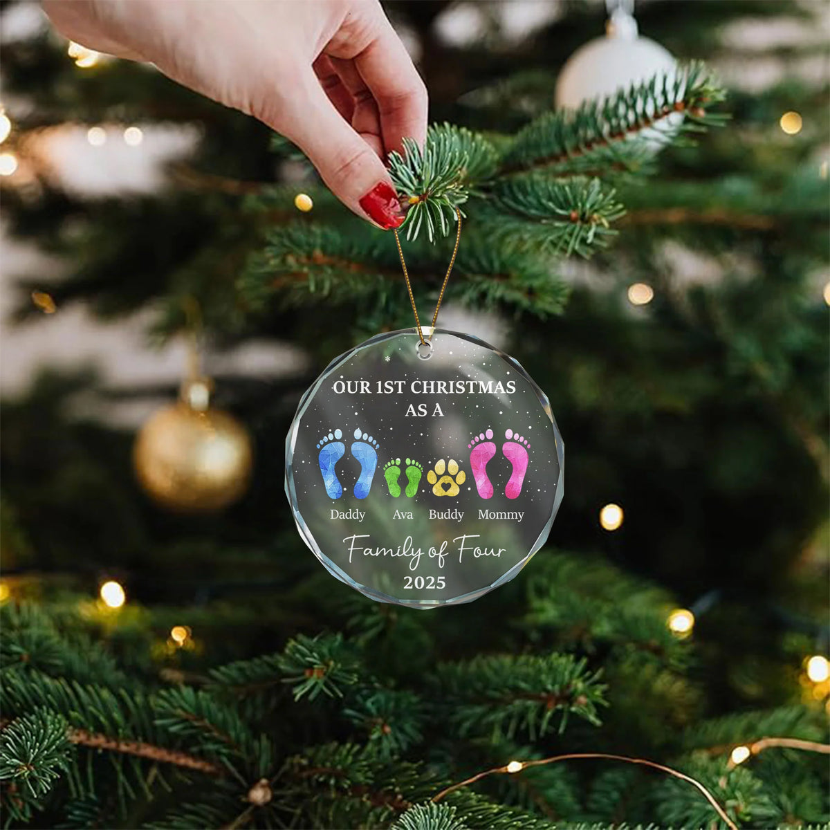 First Christmas As A Family Of Four Footprints - Personalized Glass Ornament